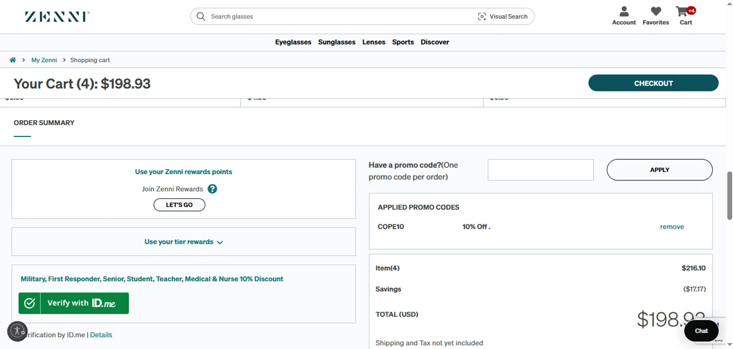 Zenni Optical promo code screenshot showing code COPE10 applied at Zenni Optical checkout page. Uploaded by SimplyCodes community member gonzalodamole on Jul 21, 2025