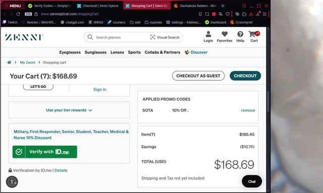Zenni Optical checkout page showing Zenni Optical promo code box | Screenshot taken by SimplyCodes community member on Aug 25, 2025