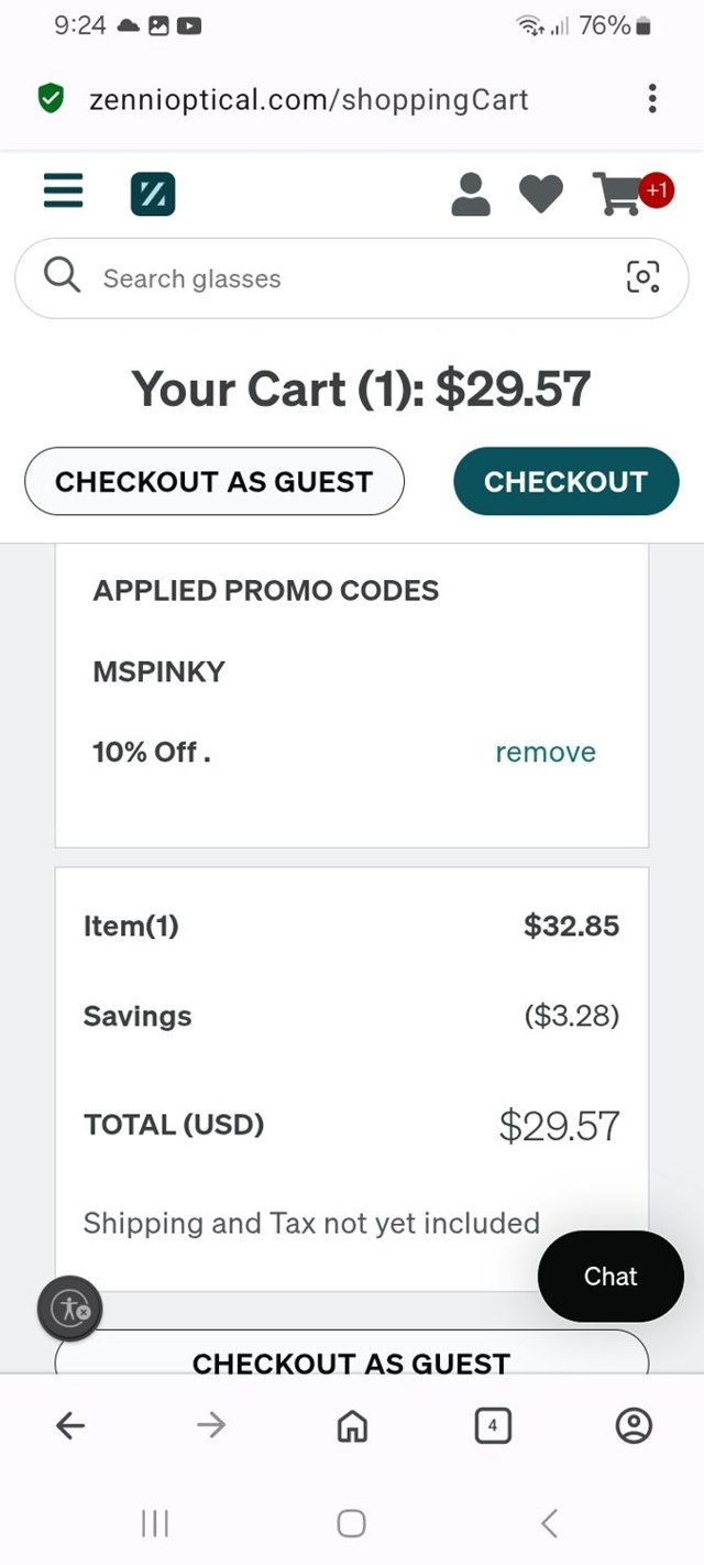 Zenni Optical checkout page showing Zenni Optical promo code box | Screenshot taken by SimplyCodes community member on Aug 25, 2025