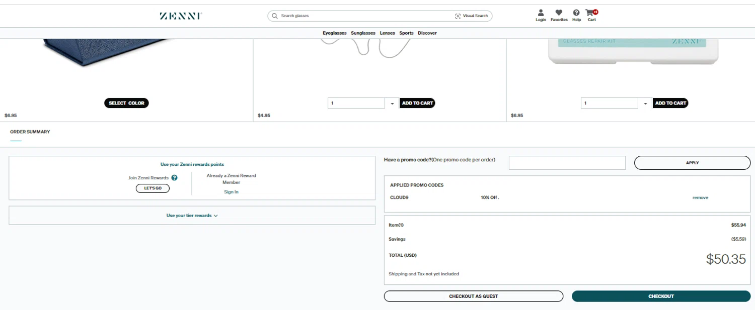 Zenni Optical promo code screenshot showing code CLOUD9 applied at Zenni Optical checkout page. Uploaded by SimplyCodes community member ichigo1234 on Jul 27, 2025