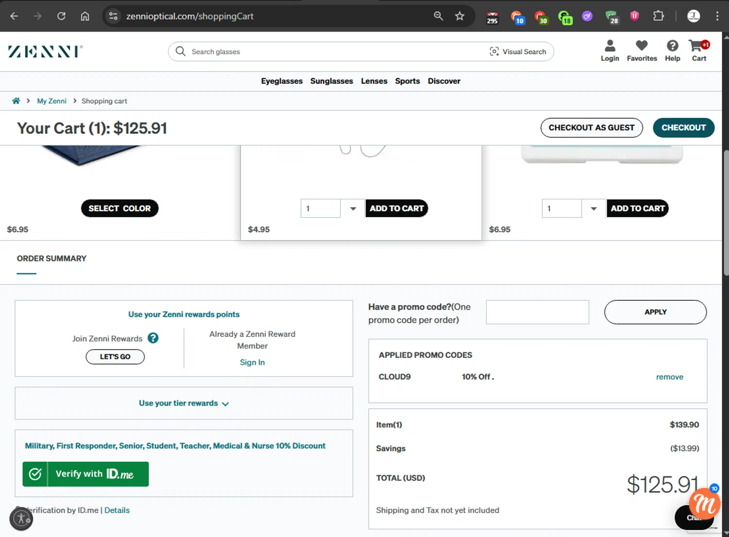 Zenni Optical promo code screenshot showing code CLOUD9 applied at Zenni Optical checkout page. Uploaded by SimplyCodes community member jfromvzla on Aug 7, 2025