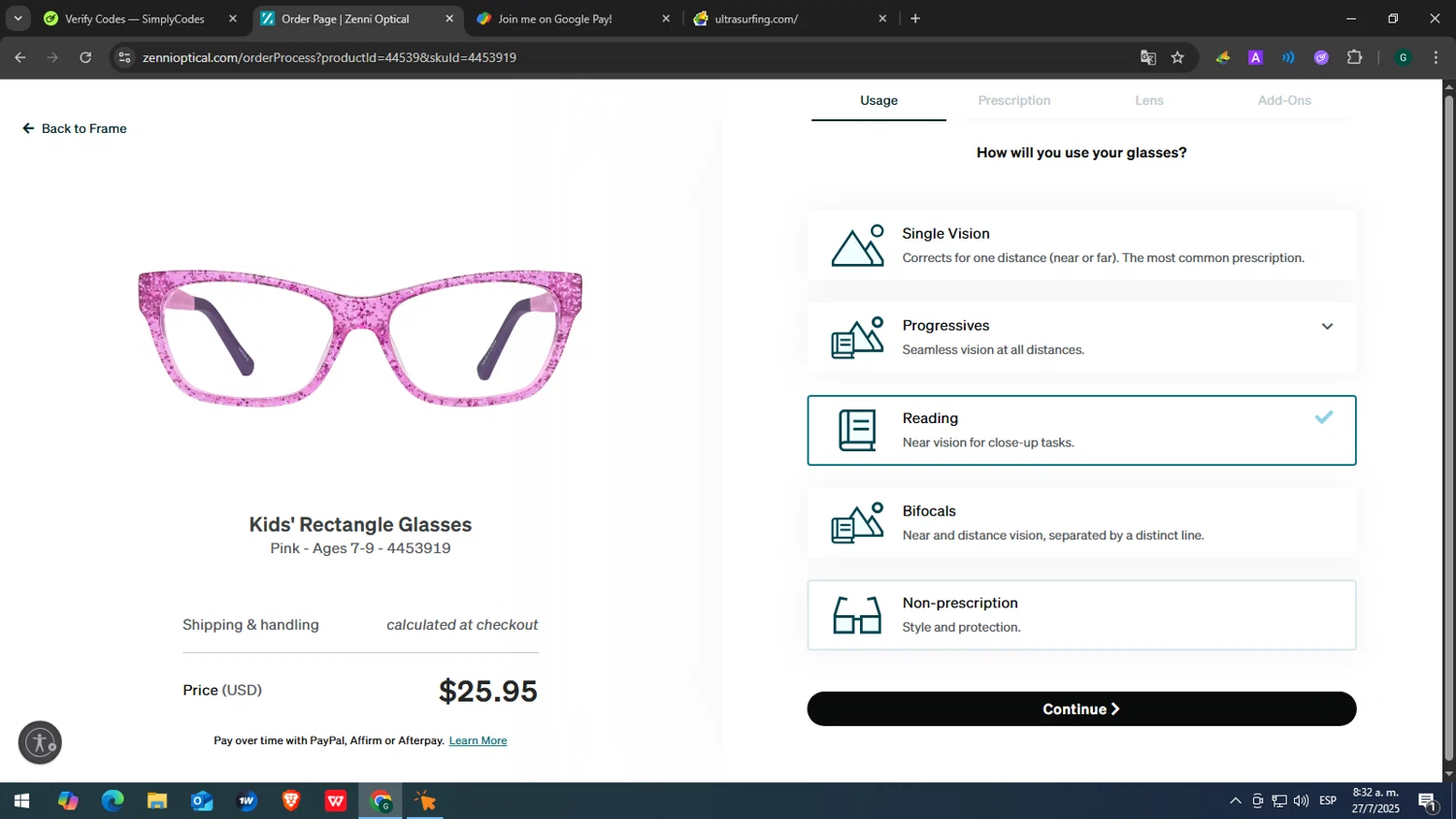 Zenni Optical promo code screenshot showing code CLOUD9 applied at Zenni Optical checkout page. Uploaded by SimplyCodes community member yasabesssss on Jul 27, 2025