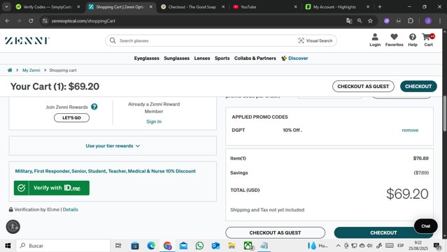 Zenni Optical checkout page showing Zenni Optical promo code box | Screenshot taken by SimplyCodes community member on Aug 25, 2025