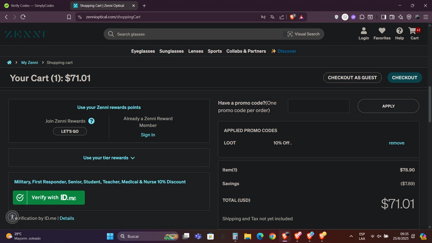Zenni Optical promo code screenshot showing code LOOT applied at Zenni Optical checkout page. Uploaded by SimplyCodes community member Caraxes on Aug 25, 2025