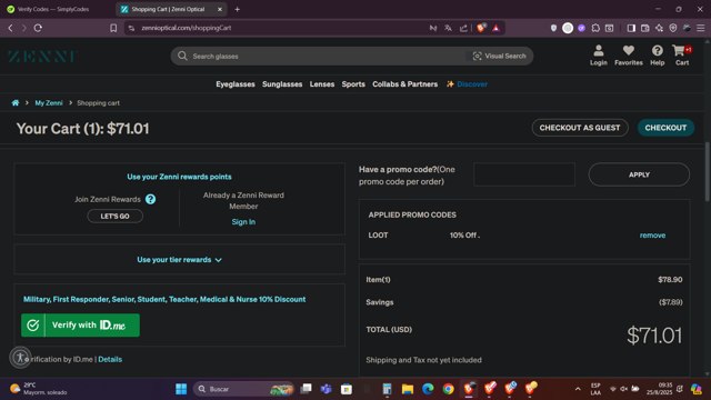 Zenni Optical checkout page showing Zenni Optical promo code box | Screenshot taken by SimplyCodes community member on Aug 25, 2025