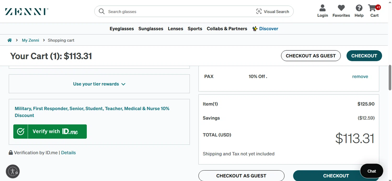 Zenni Optical promo code screenshot showing code pax applied at Zenni Optical checkout page. Uploaded by SimplyCodes community member shark12 on Aug 27, 2025