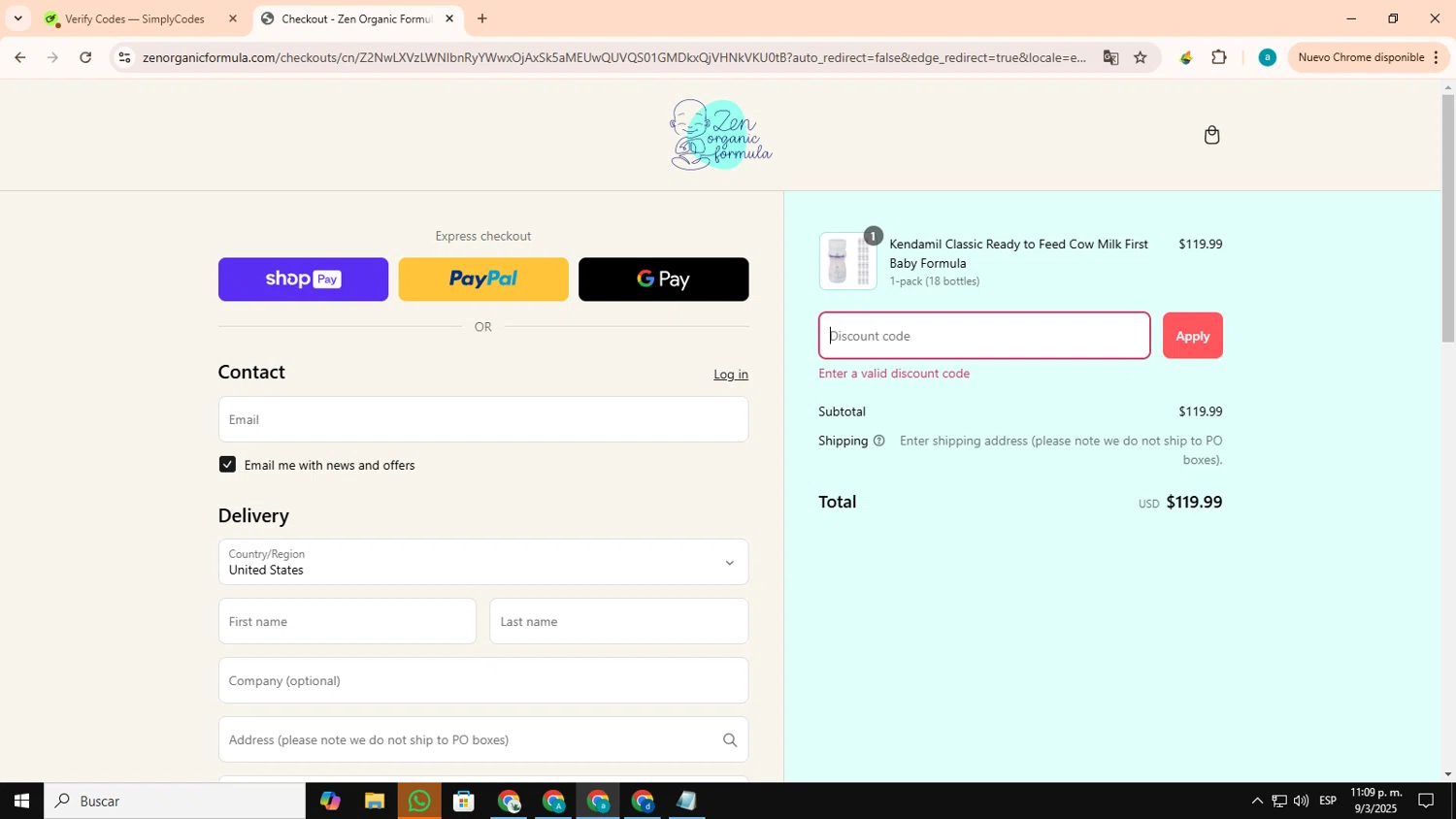 Zen Organic Formula discount code screenshot showing code Save3x15% applied at Zen Organic Formula checkout page. Uploaded by SimplyCodes community member CouponSage4959 on Mar 10, 2025