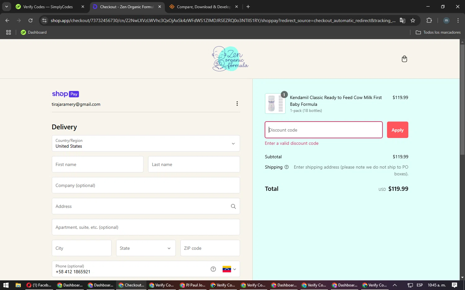 Zen Organic Formula discount code screenshot showing code Save3x15% applied at Zen Organic Formula checkout page. Uploaded by SimplyCodes community member CoinHunter3841 on Feb 27, 2025