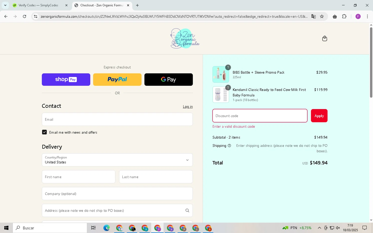 Zen Organic Formula discount code screenshot showing code Save3x15% applied at Zen Organic Formula checkout page. Uploaded by SimplyCodes community member CleverSpotter6431 on Mar 18, 2025