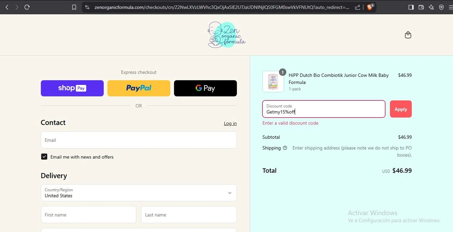 Zen Organic Formula discount code screenshot showing code Getmy15%off applied at Zen Organic Formula checkout page. Uploaded by SimplyCodes community member ElToro on Mar 25, 2025