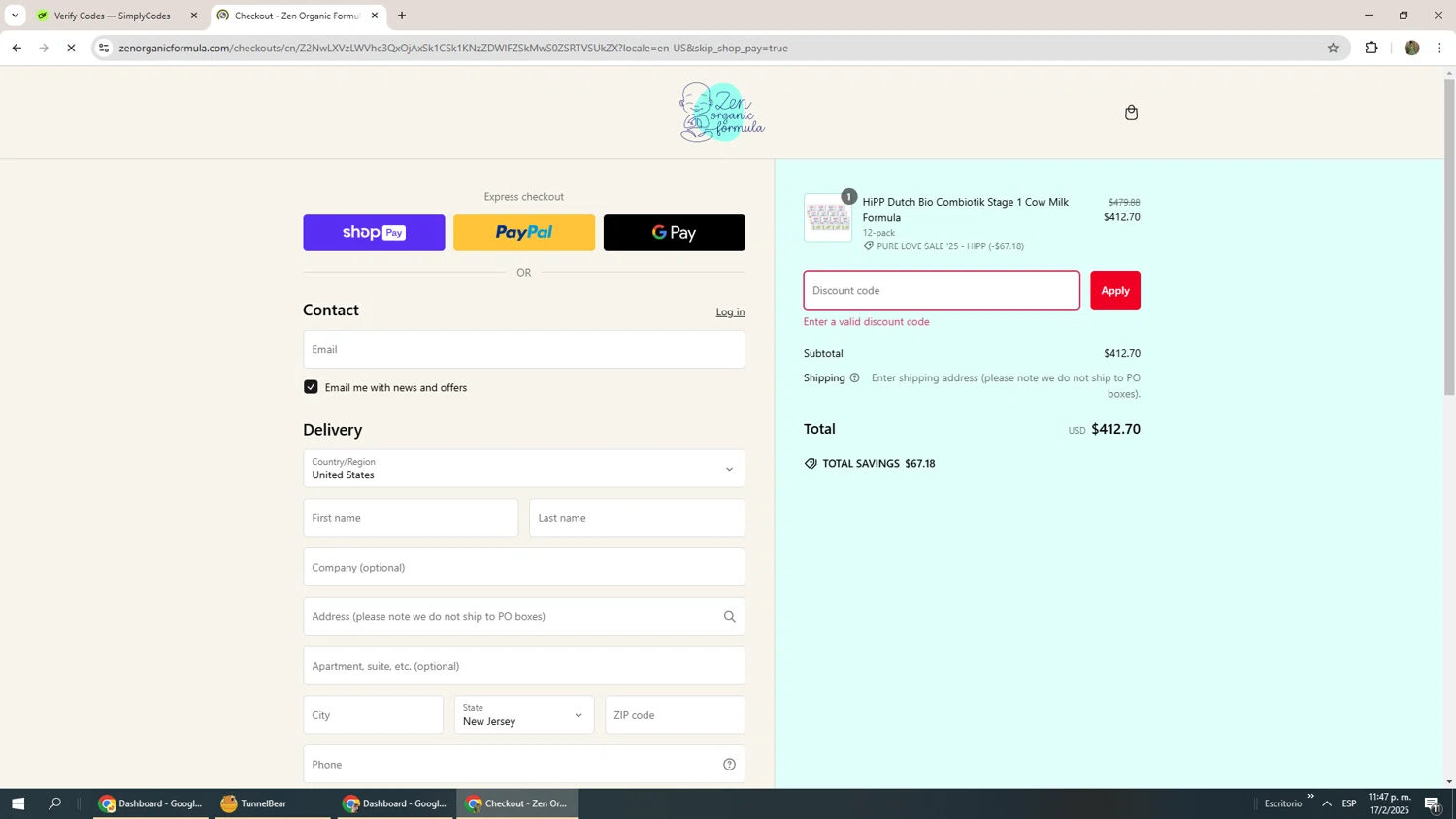 Zen Organic Formula discount code screenshot showing code Getmy15%off applied at Zen Organic Formula checkout page. Uploaded by SimplyCodes community member Phoenix585 on Feb 18, 2025