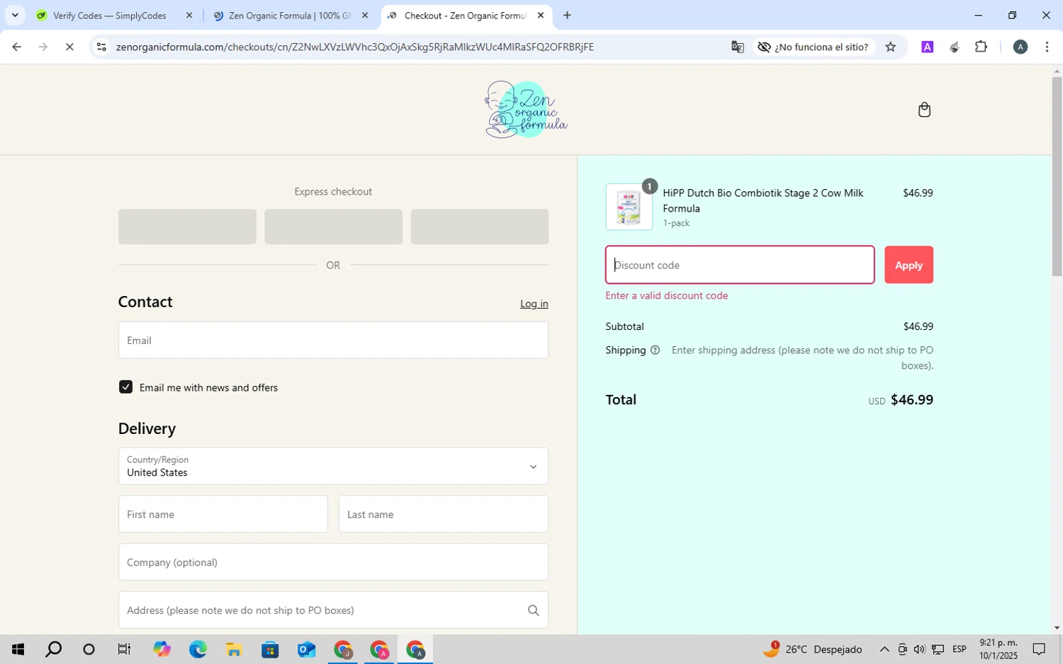 Zen Organic Formula discount code screenshot showing code Getmy15%off applied at Zen Organic Formula checkout page. Uploaded by SimplyCodes community member ScanSpotter8851 on Jan 11, 2025