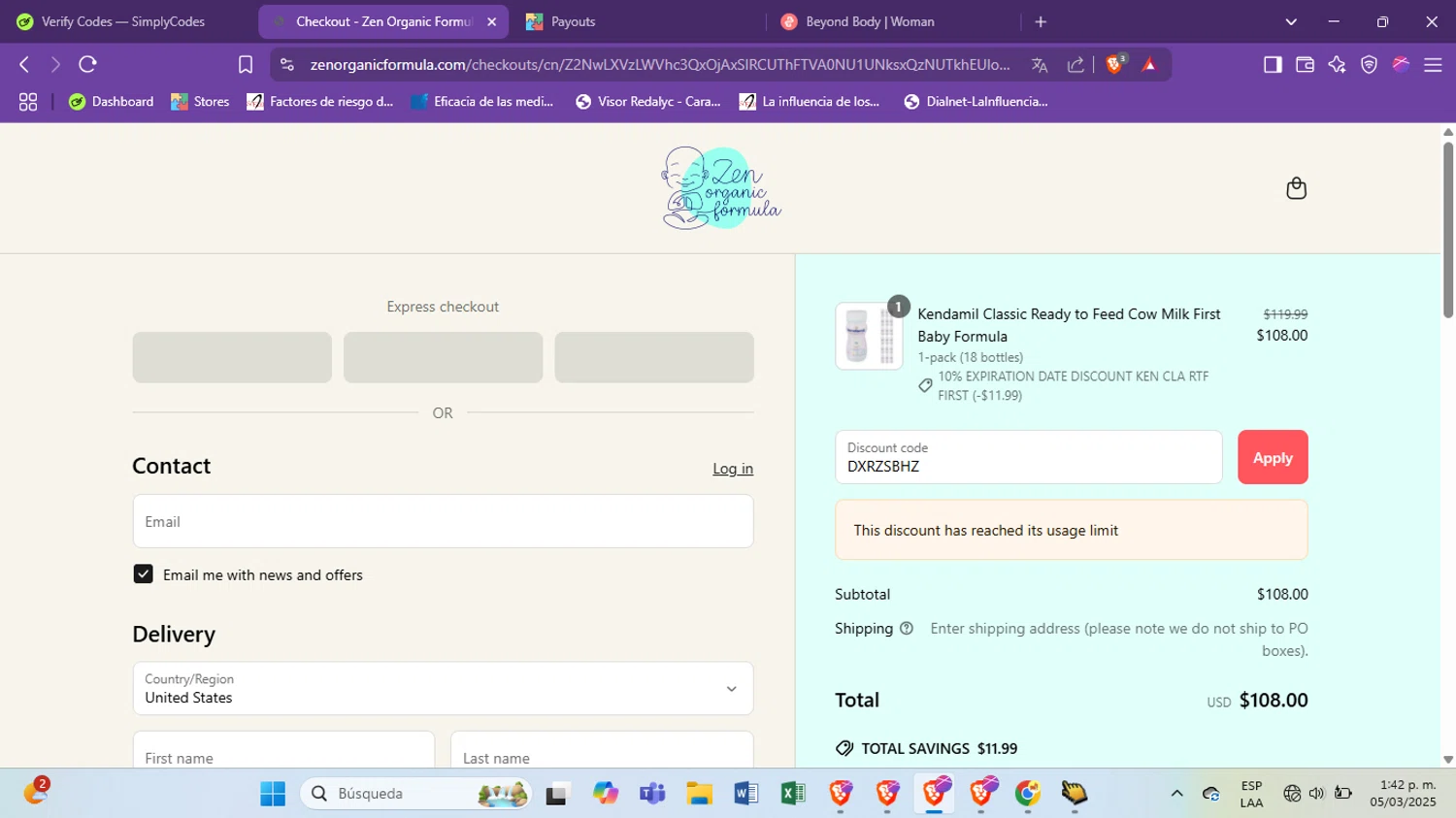 Zen Organic Formula discount code screenshot showing code DXRZSBHZ applied at Zen Organic Formula checkout page. Uploaded by SimplyCodes community member antoooooooooooooo on May 3, 2025
