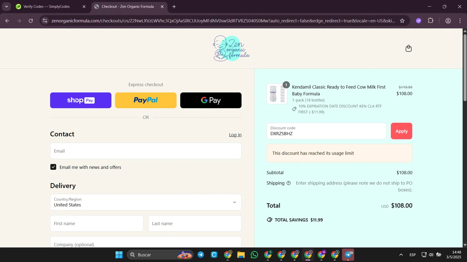 Zen Organic Formula discount code screenshot showing code DXRZSBHZ applied at Zen Organic Formula checkout page. Uploaded by SimplyCodes community member SilverWhiz4145 on May 3, 2025