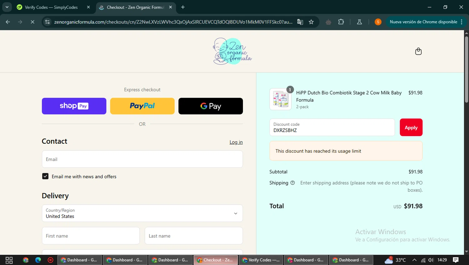 Zen Organic Formula discount code screenshot showing code DXRZSBHZ applied at Zen Organic Formula checkout page. Uploaded by SimplyCodes community member QuestCaptain8930 on May 3, 2025
