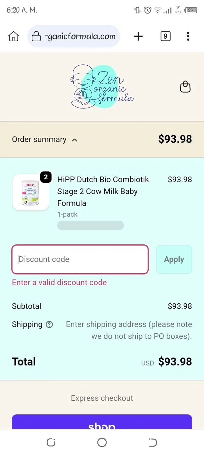 Zen Organic Formula discount code screenshot showing code 8TD2JWKJRP64 applied at Zen Organic Formula checkout page. Uploaded by SimplyCodes community member Jhoan06 on Sep 30, 2025