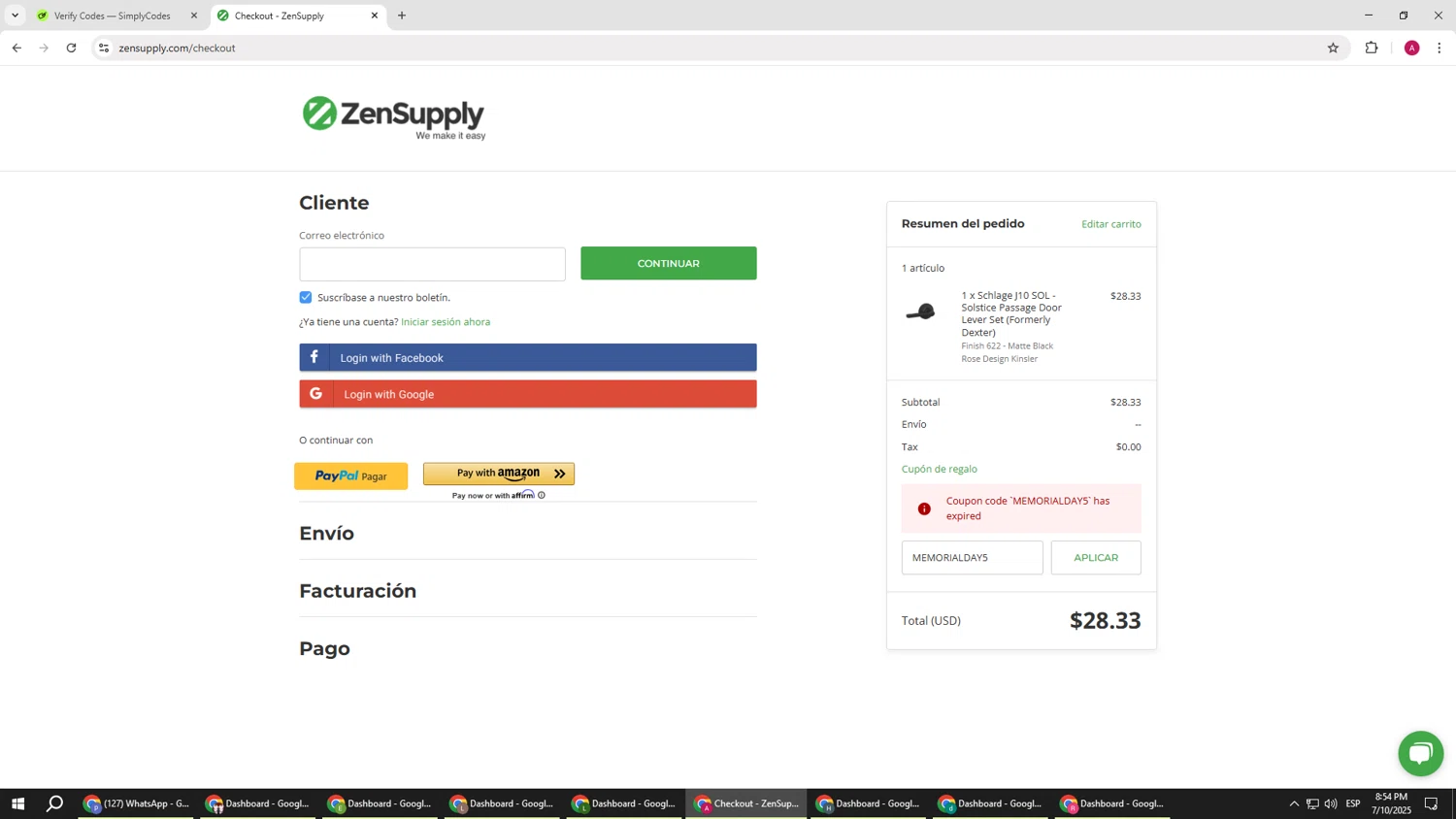 ZenSupply promo code screenshot showing code MEMORIALDAY5 applied at ZenSupply checkout page. Uploaded by SimplyCodes community member BMWGS1200 on Jul 11, 2025