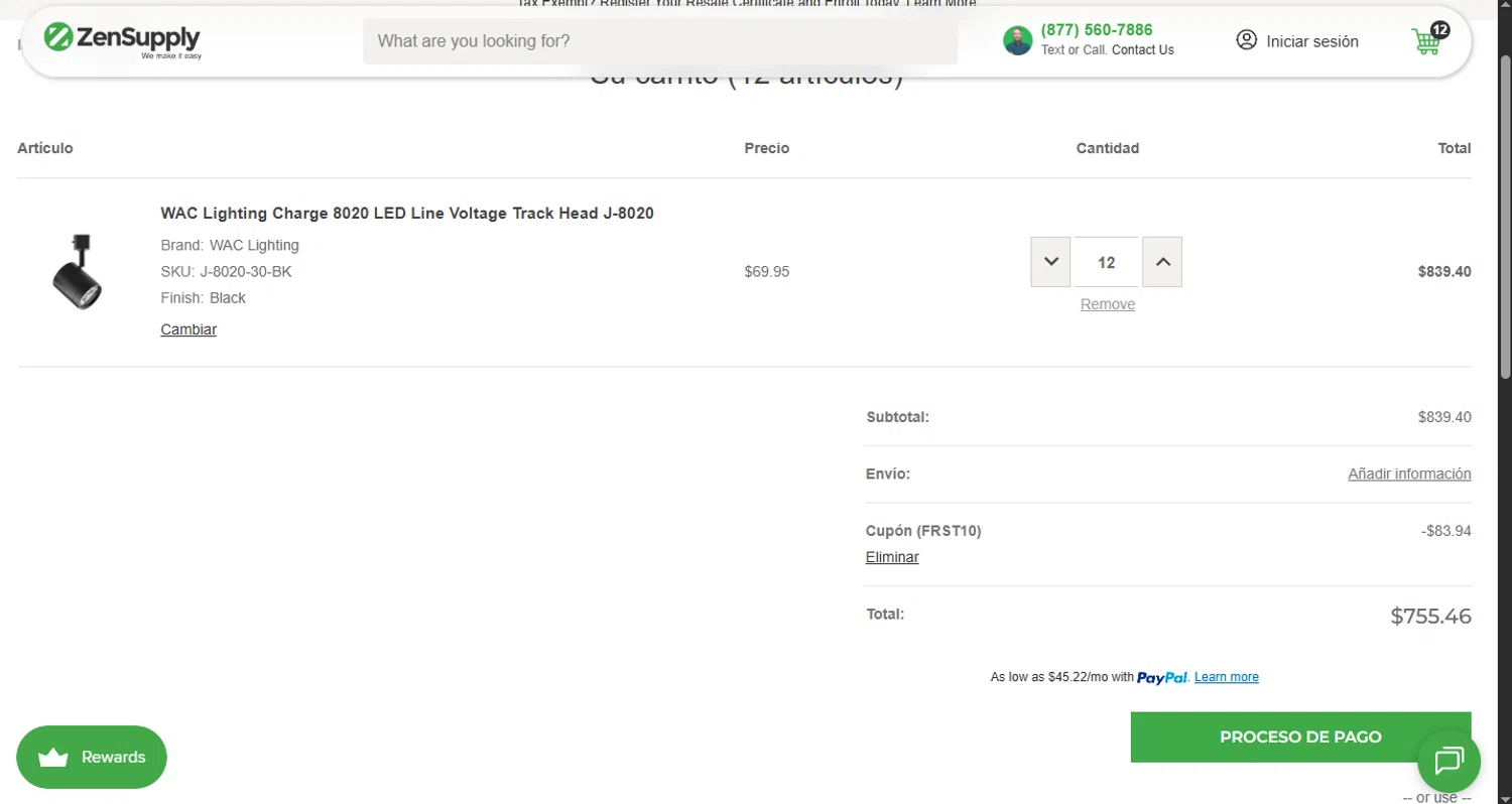 ZenSupply promo code screenshot showing code FRST10 applied at ZenSupply checkout page. Uploaded by SimplyCodes community member CouponHero3179 on Nov 12, 2025