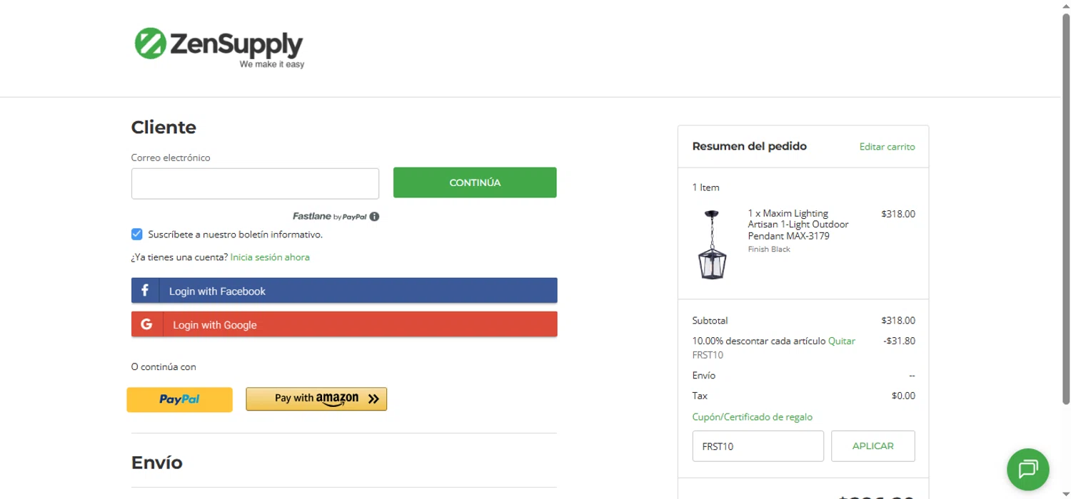 ZenSupply promo code screenshot showing code FRST10 applied at ZenSupply checkout page. Uploaded by SimplyCodes community member holasfosi on Sep 3, 2025