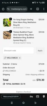 welcome20 coupon verification screenshot
