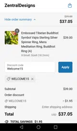 Welcome15 coupon verification screenshot