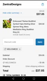 Welcome20 coupon verification screenshot