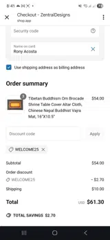 Welcome25 coupon verification screenshot