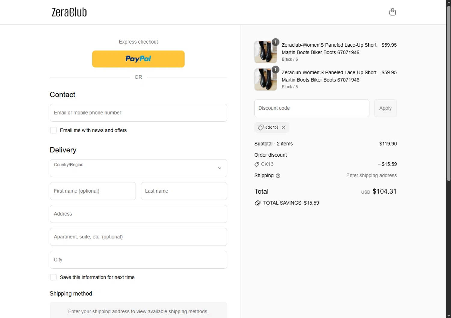Zeraclub coupon code screenshot showing code CK13 applied at Zeraclub checkout page. Uploaded by SimplyCodes community member BargainSaver8204 on Jul 10, 2025