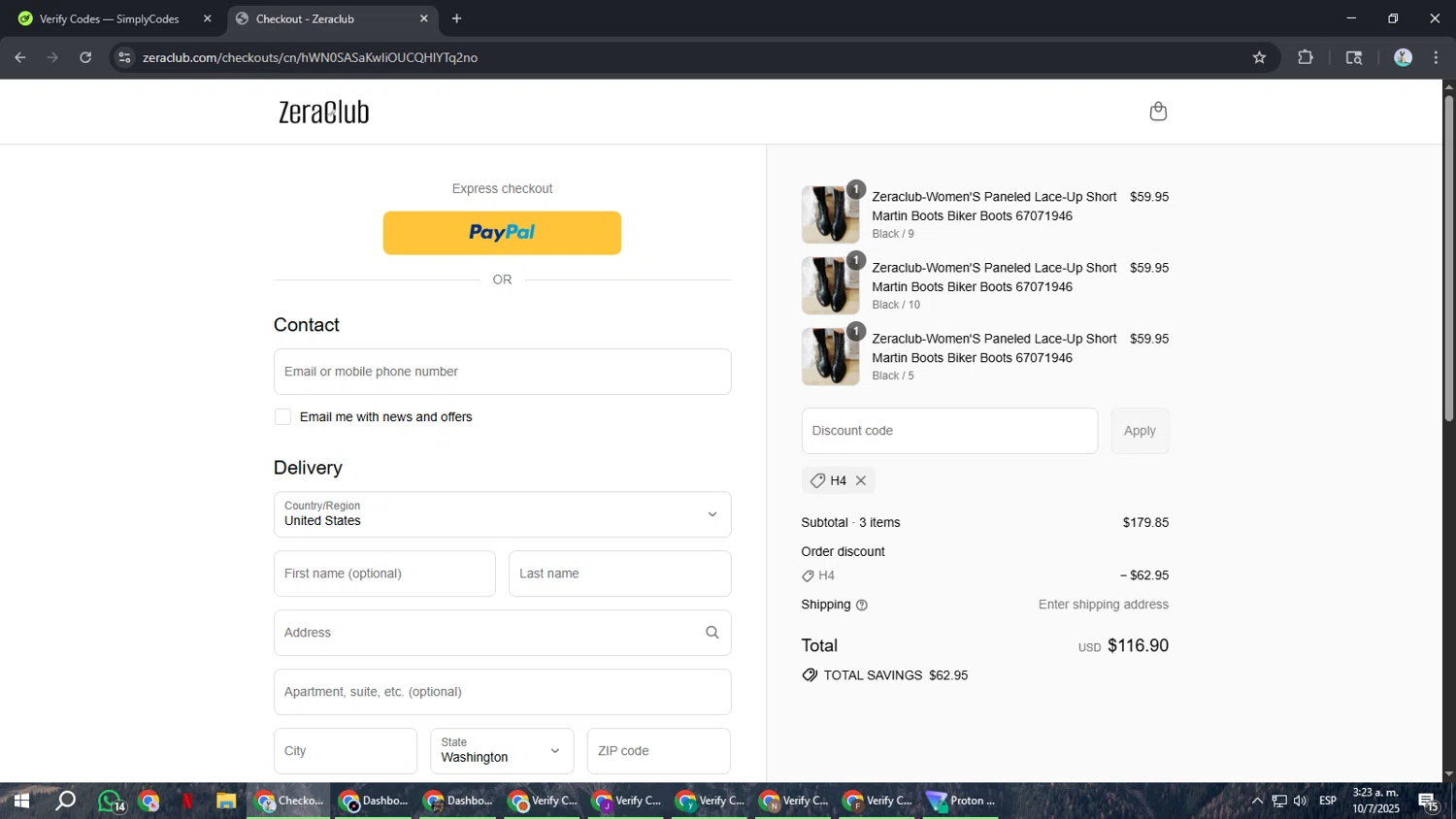 Zeraclub coupon code screenshot showing code H4 applied at Zeraclub checkout page. Uploaded by SimplyCodes community member ShrewdSeeker6165 on Jul 10, 2025