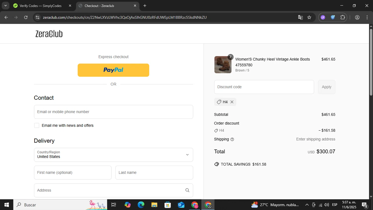 Zeraclub coupon code screenshot showing code H4 applied at Zeraclub checkout page. Uploaded by SimplyCodes community member califorrniaaaa on Jun 11, 2025