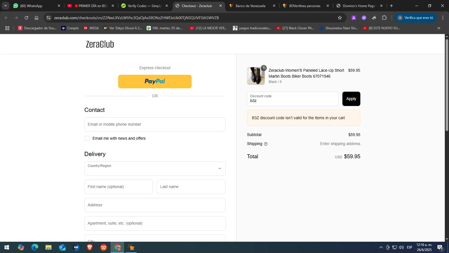 Zeraclub coupon code screenshot showing code b3z applied at Zeraclub checkout page. Uploaded by SimplyCodes community member JuanChi on Jun 26, 2025