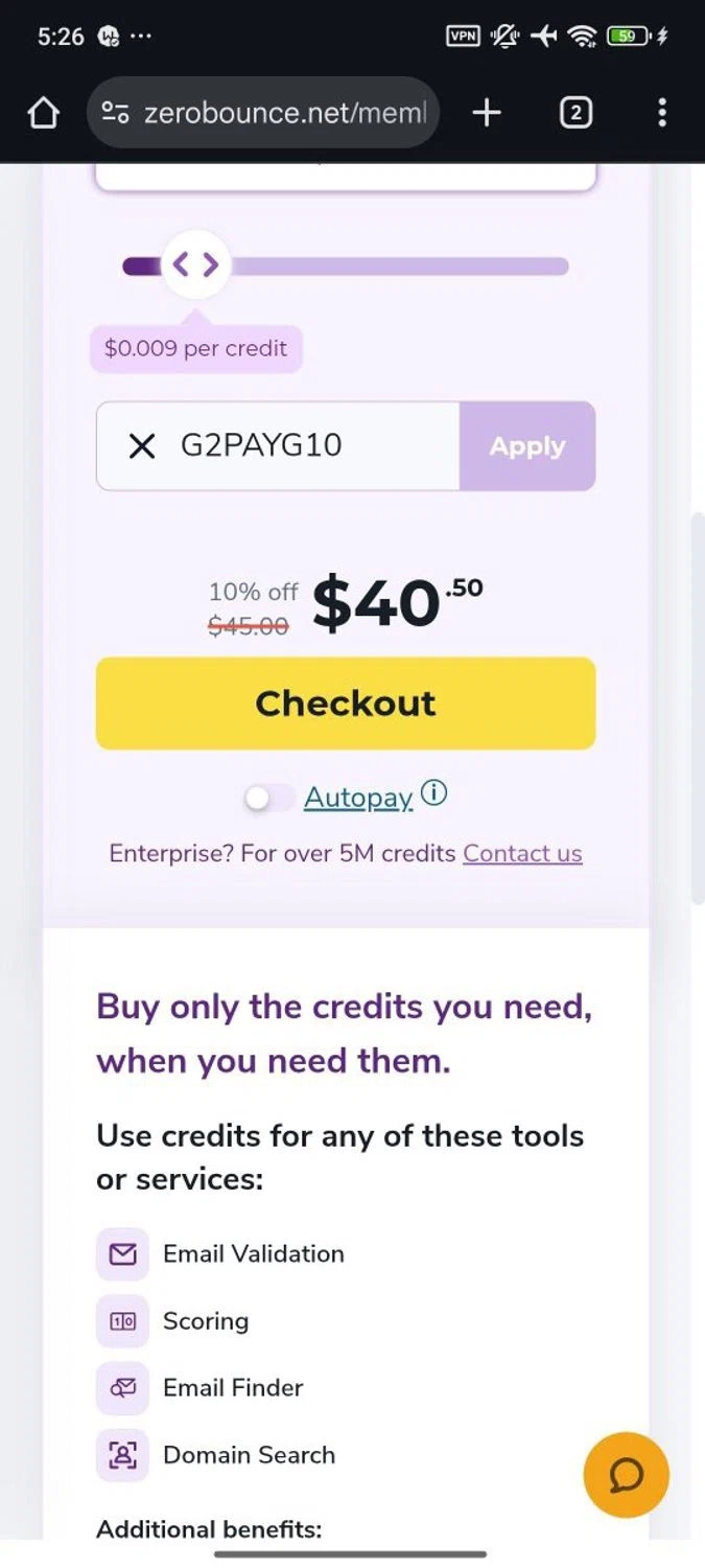 ZeroBounce coupon code screenshot showing code G2PAYG10 applied at ZeroBounce checkout page. Uploaded by SimplyCodes community member RoyalSpotter5217 on Dec 1, 2025