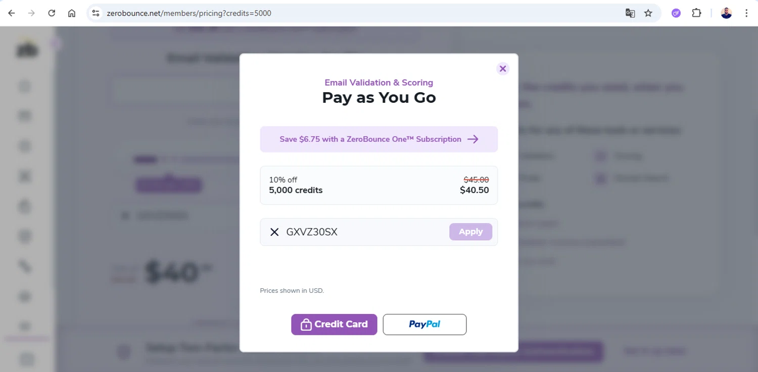 ZeroBounce coupon code screenshot showing code GXVZ30SX applied at ZeroBounce checkout page. Uploaded by SimplyCodes community member joseg151520 on Dec 1, 2025