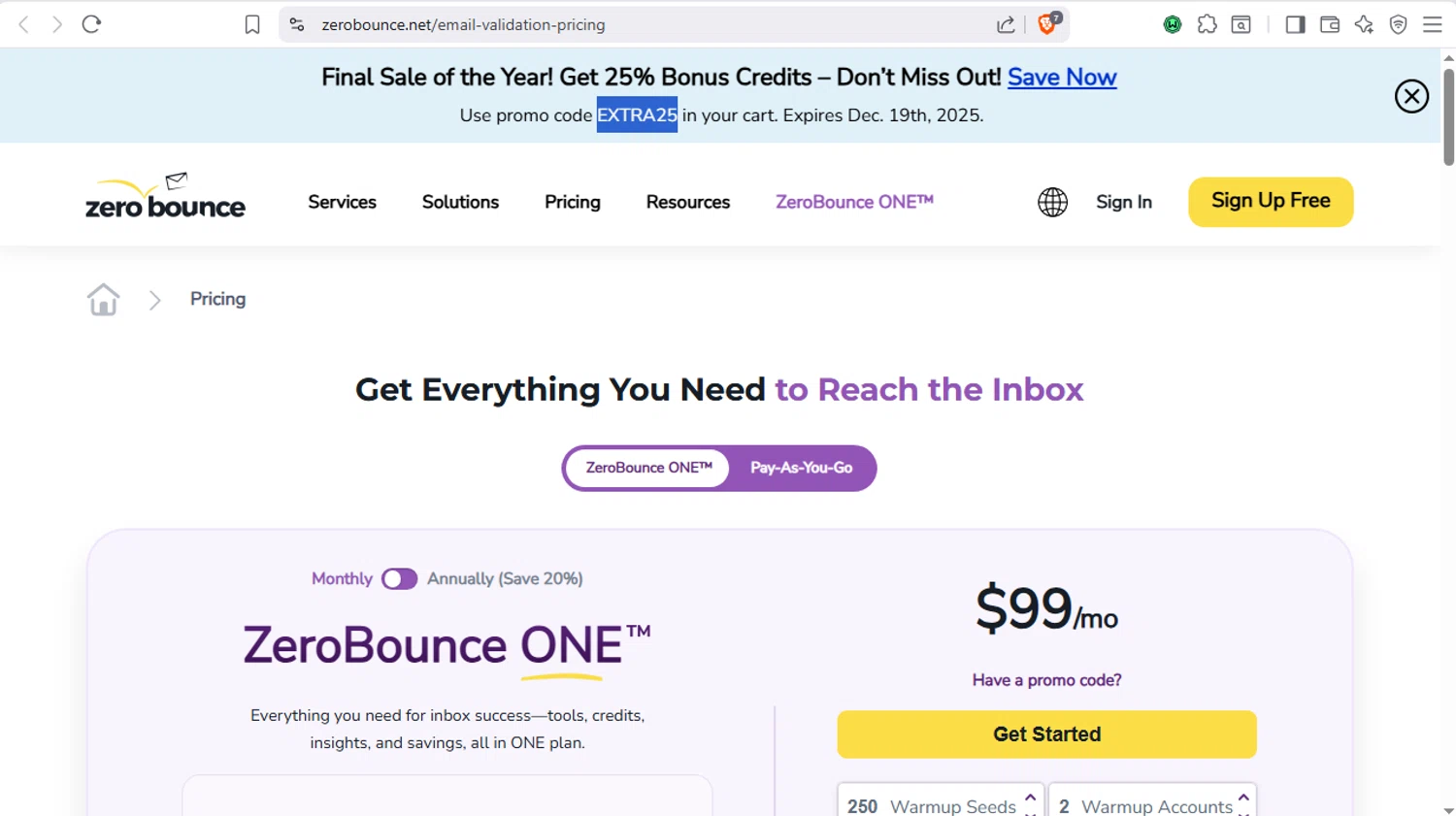ZeroBounce checkout page showing ZeroBounce coupon code box | Screenshot taken by SimplyCodes community member on Dec 18, 2025