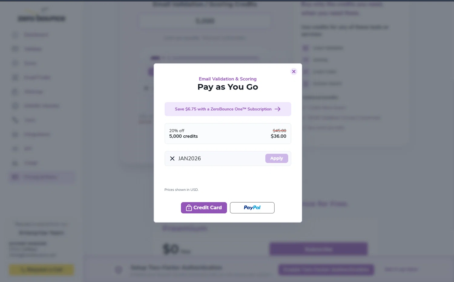 ZeroBounce checkout page showing ZeroBounce coupon code box | Screenshot taken by SimplyCodes community member on Jan 28, 2026