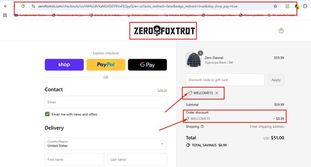 Zero Foxtrot checkout page showing Zero Foxtrot discount code box | Screenshot taken by SimplyCodes community member on Sep 5, 2025