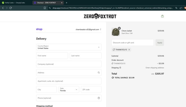 Zero Foxtrot checkout page showing Zero Foxtrot discount code box | Screenshot taken by SimplyCodes community member on Sep 5, 2025