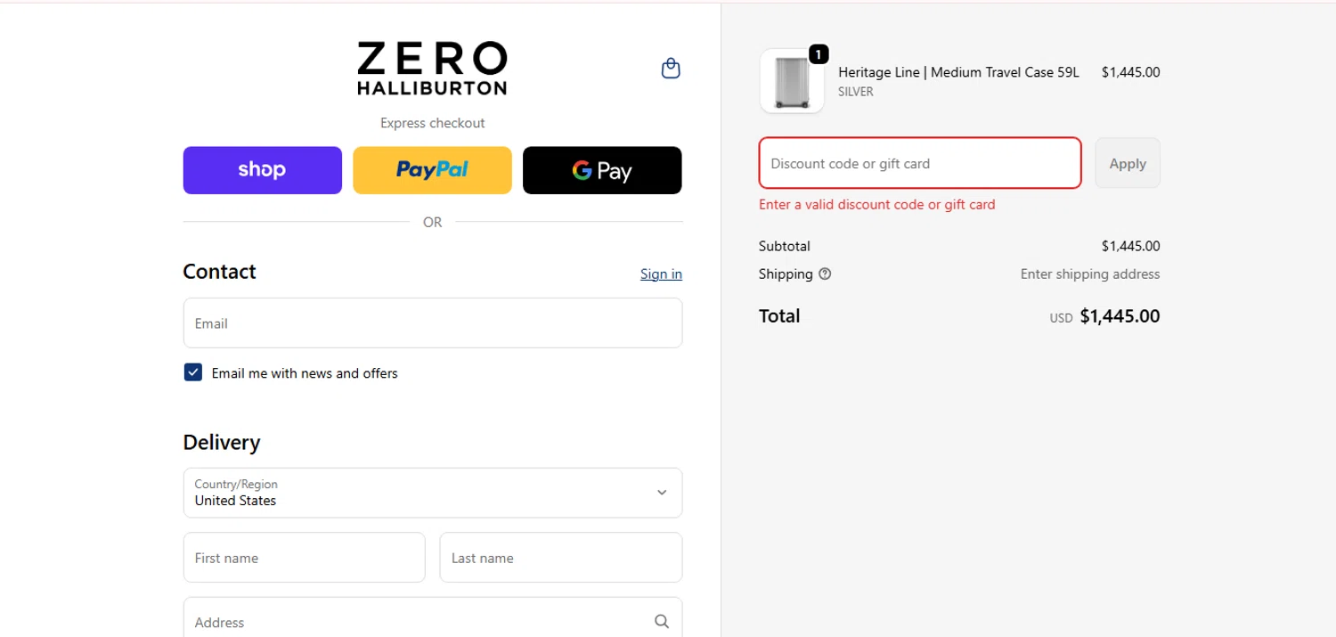 ZERO Halliburton promo code screenshot showing code PURSUIT10 applied at ZERO Halliburton checkout page. Uploaded by SimplyCodes community member MagnificentCurator5441 on Nov 27, 2025
