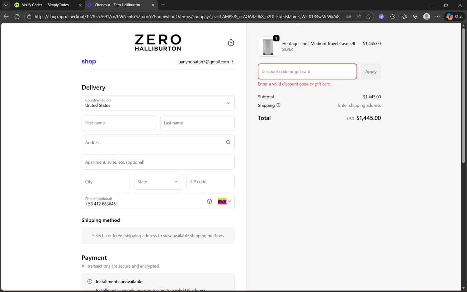 ZERO Halliburton promo code screenshot showing code PURSUIT10 applied at ZERO Halliburton checkout page. Uploaded by SimplyCodes community member juan1702 on Nov 27, 2025