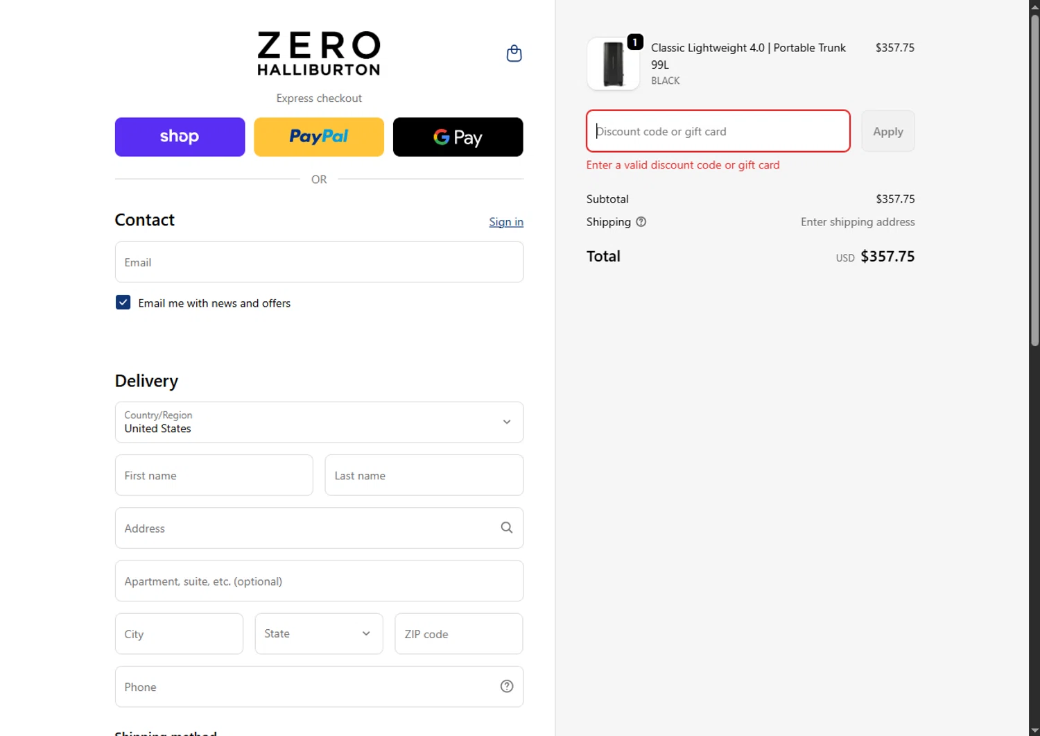 ZERO Halliburton promo code screenshot showing code ZH-MQ4HKVLJHMQG applied at ZERO Halliburton checkout page. Uploaded by SimplyCodes community member SwiftTracker8156 on Nov 17, 2025