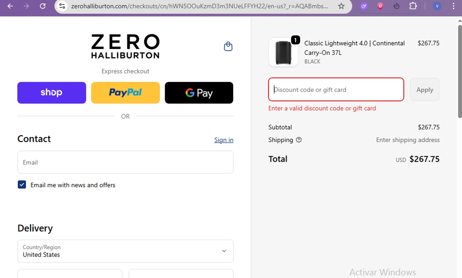 ZERO Halliburton promo code screenshot showing code ZH-MQ4HKVLJHMQG applied at ZERO Halliburton checkout page. Uploaded by SimplyCodes community member beatrizcastillo on Nov 17, 2025