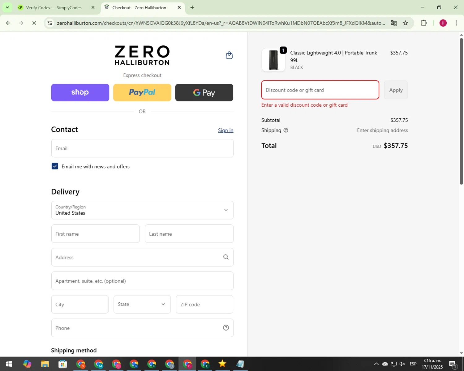ZERO Halliburton promo code screenshot showing code ZH-B3GKFR87GL9X applied at ZERO Halliburton checkout page. Uploaded by SimplyCodes community member 000012 on Nov 17, 2025