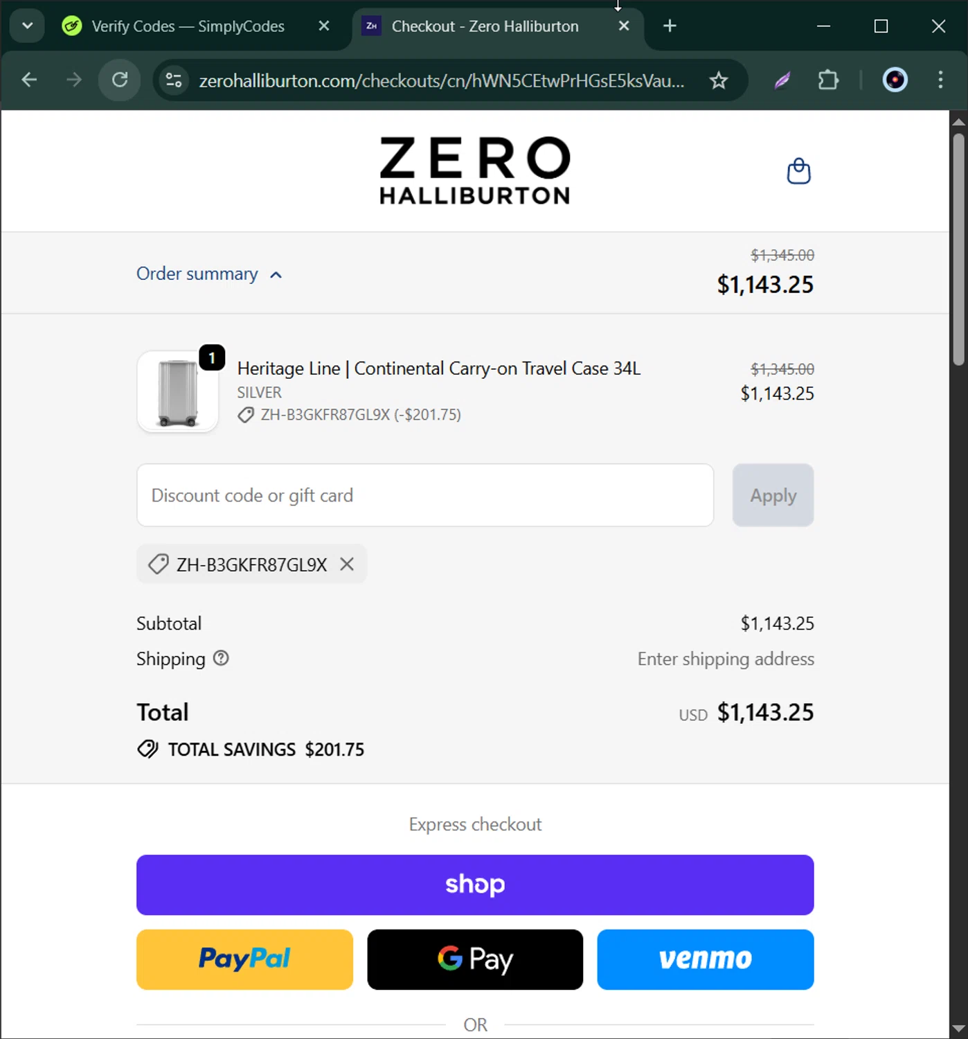 ZERO Halliburton checkout page showing ZERO Halliburton promo code box | Screenshot taken by SimplyCodes community member on Nov 12, 2025
