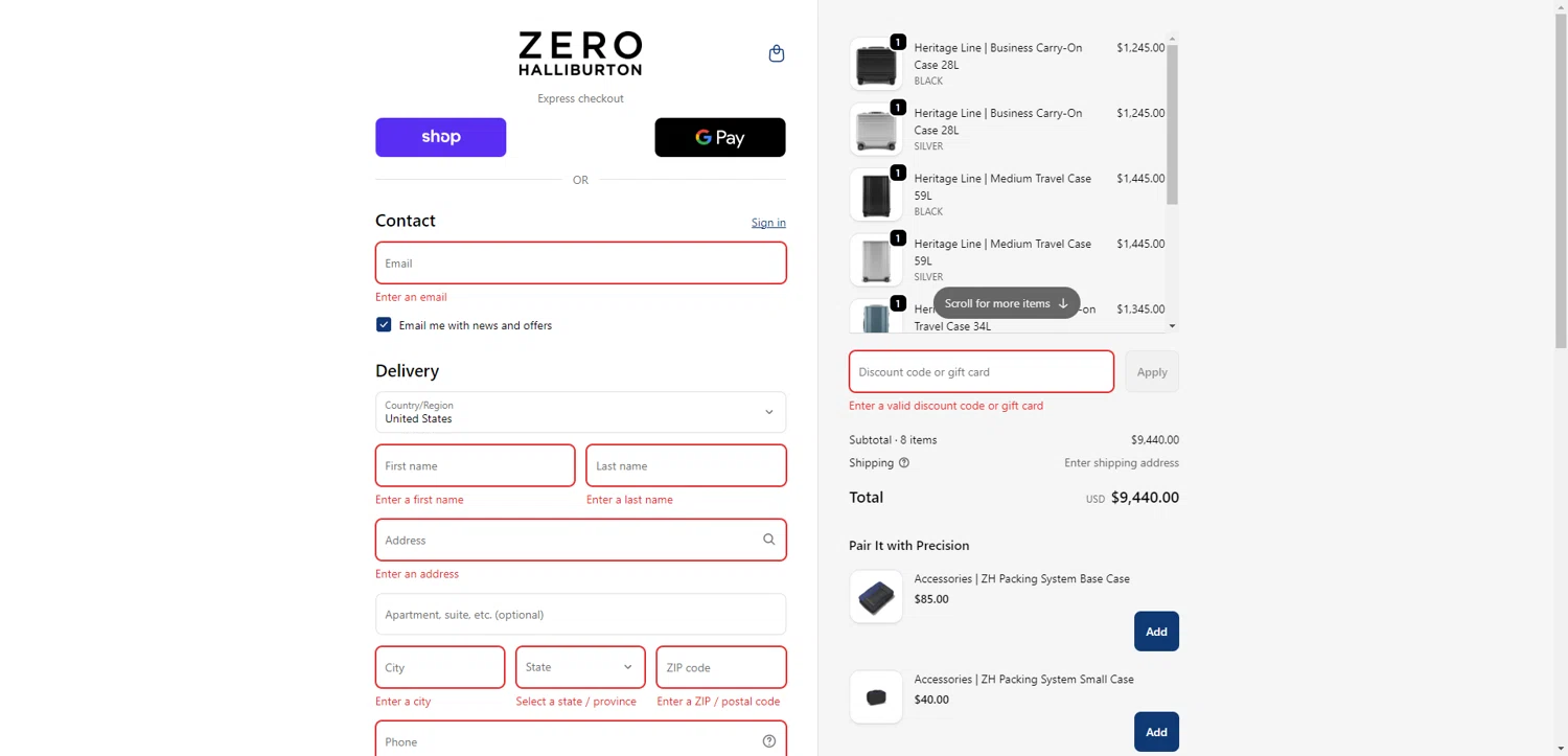 ZERO Halliburton promo code screenshot showing code HERITAGE15 applied at ZERO Halliburton checkout page. Uploaded by SimplyCodes community member CodeGuardian5312 on Oct 29, 2025