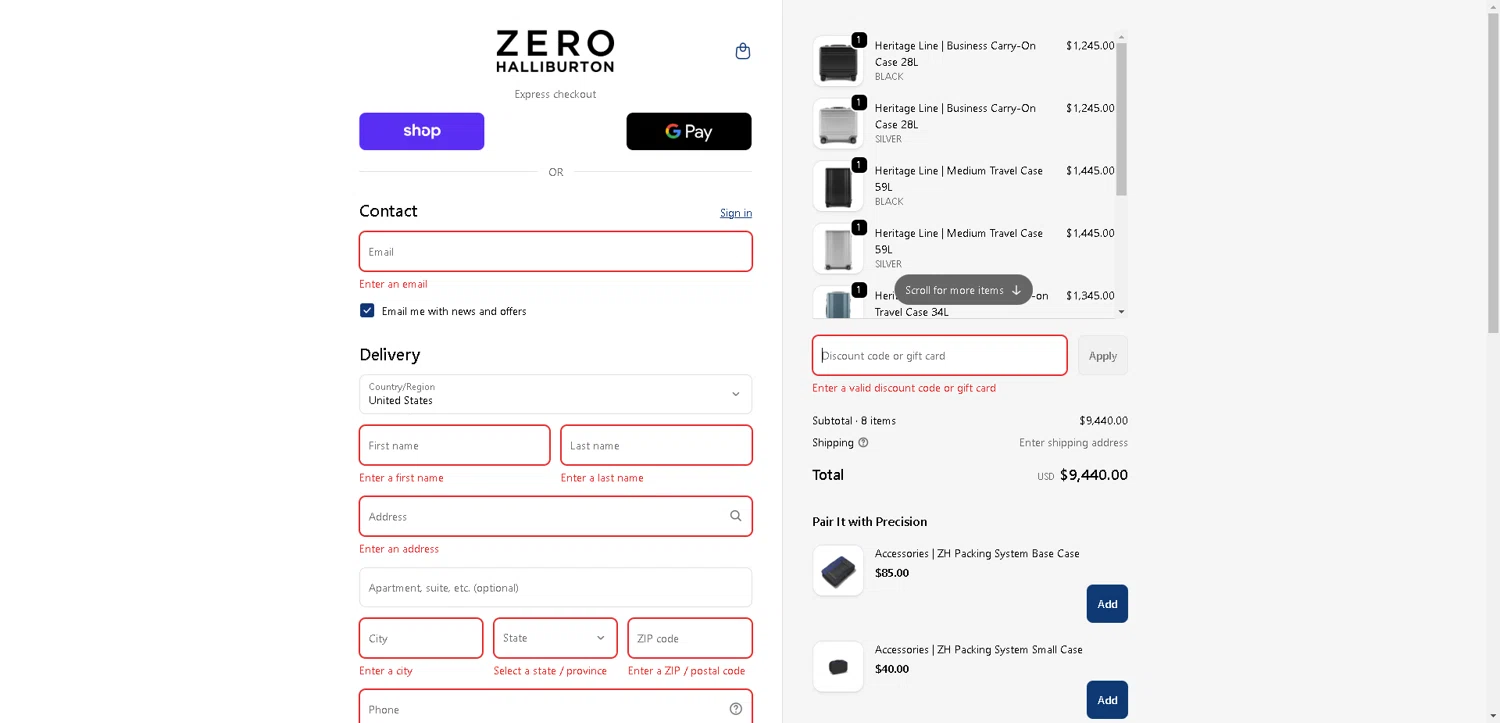 ZERO Halliburton promo code screenshot showing code HERITAGE15 applied at ZERO Halliburton checkout page. Uploaded by SimplyCodes community member PrimeSentinel4675 on Oct 29, 2025