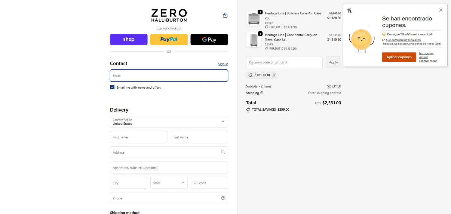 ZERO Halliburton promo code screenshot showing code PURSUIT10 applied at ZERO Halliburton checkout page. Uploaded by SimplyCodes community member ivantorres on Dec 7, 2025