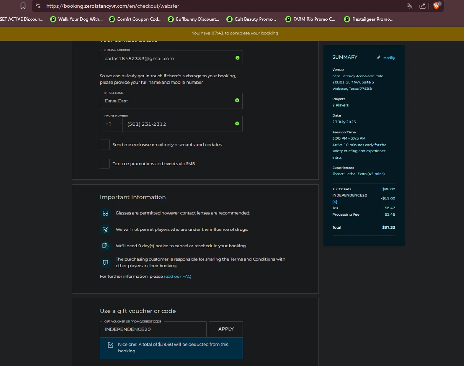 Zero Latency VR checkout page showing Zero Latency VR promo code box | Screenshot taken by SimplyCodes community member on Jul 6, 2025
