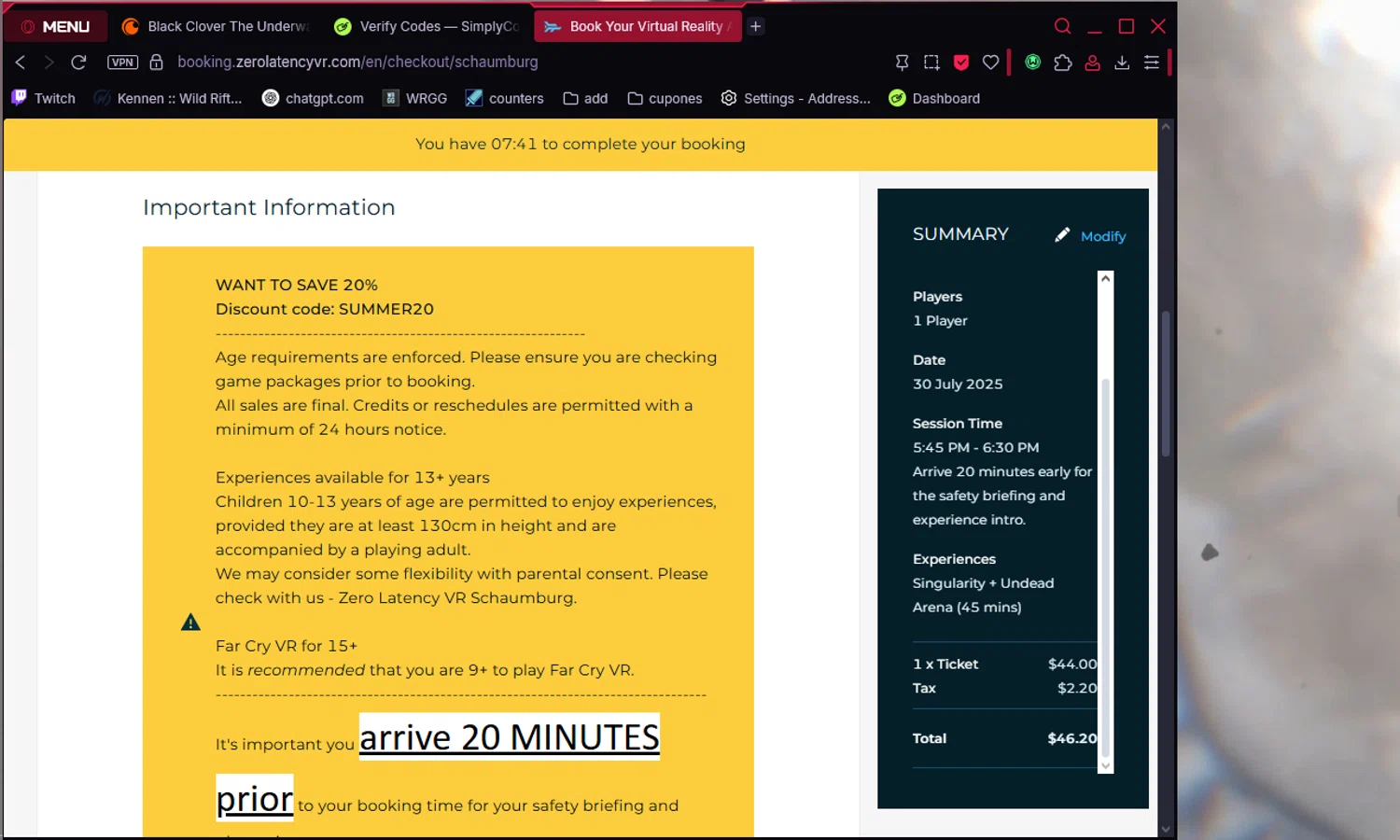 Zero Latency VR checkout page showing Zero Latency VR promo code box | Screenshot taken by SimplyCodes community member on Jul 28, 2025