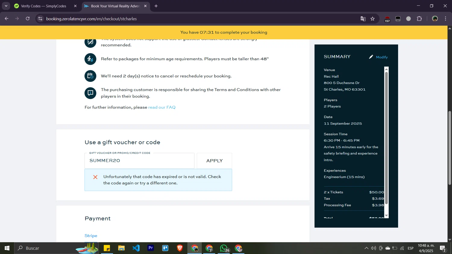 Zero Latency VR promo code screenshot showing code SUMMER20 applied at Zero Latency VR checkout page. Uploaded by SimplyCodes community member Moisesdk0 on Sep 4, 2025