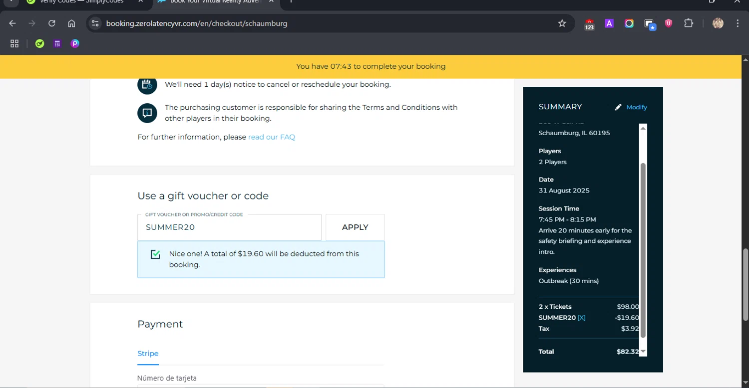 Zero Latency VR checkout page showing Zero Latency VR promo code box | Screenshot taken by SimplyCodes community member on Aug 11, 2025